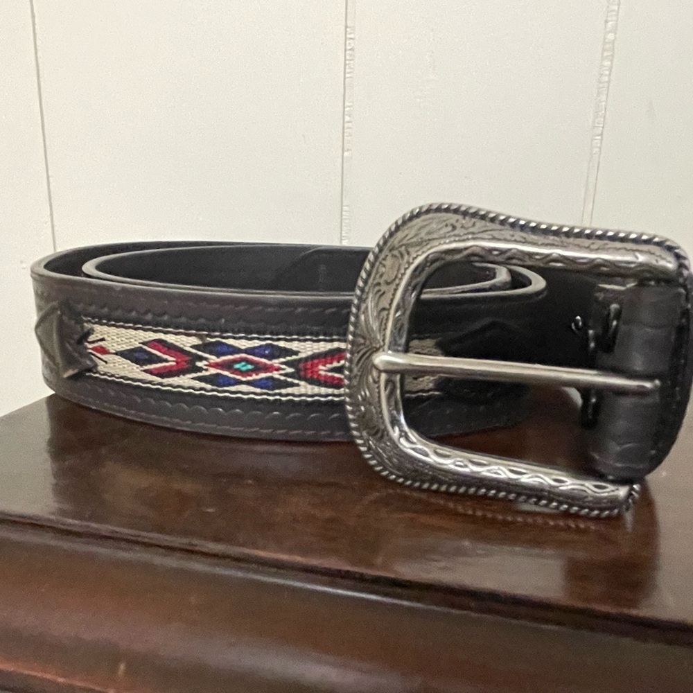 Vintage America Black Belt with Silver Buckle and Colorful Pattern